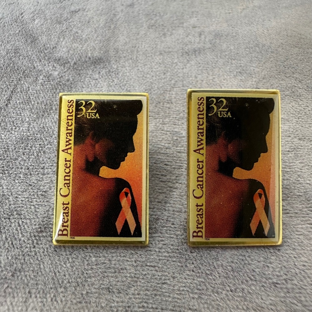 2 Breast Cancer Awareness 32 Cent Stamp Lapel Pins‎ Gold Tone USPS Art Set